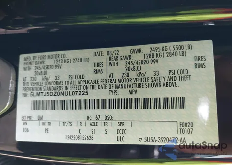 2022 Lincoln Corsair Grand Touring from USA, damaged, VIN 5LMTJ5DZ0NUL07225